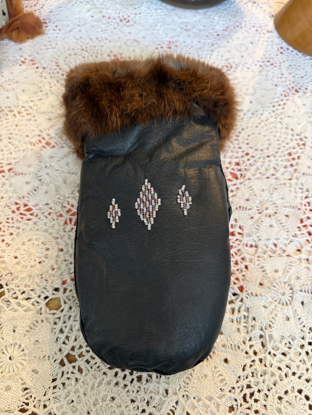 Hand Made Beaded Leather And Fur Mitts